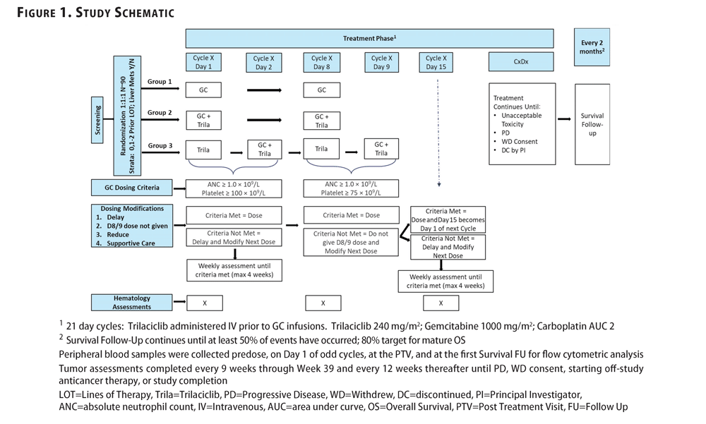 G1 Therapeutics Study Design - Phase 2 Randomized Trial for Trilaciclib + Chemotherapy for Women with Metastatic Breast Cancer